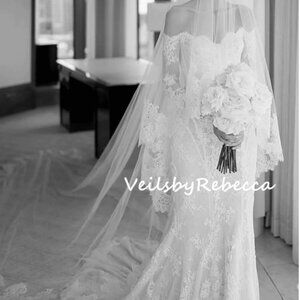 2 tiers wide Chantilly lace drop floating wedding veil in cathedral length, 2 l